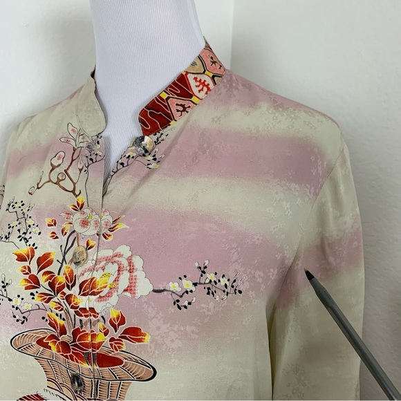 Citron 100% Silk Button Up Asian Inspired Tunic Blouse Women’s M Floral Mandarin - Picture 14 of 17